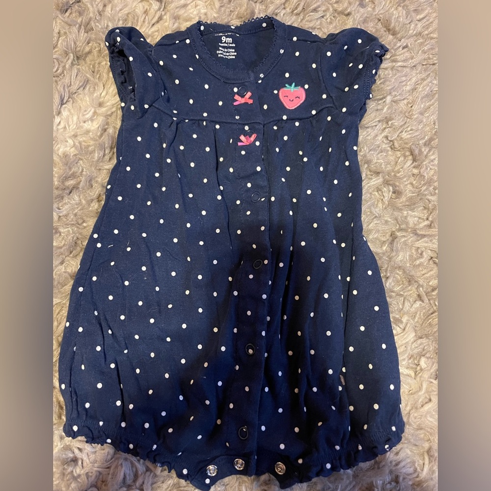 Carters - navy blue and white polka dot bubble romper with strawberry - 9 month